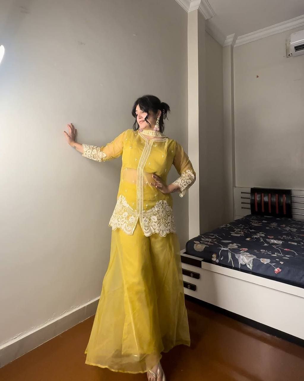 Mustard four piece Indo Western outfit for women wedding and festive look