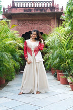 Stylish red and cream plazo set for women, designer Indo Western wedding outfit