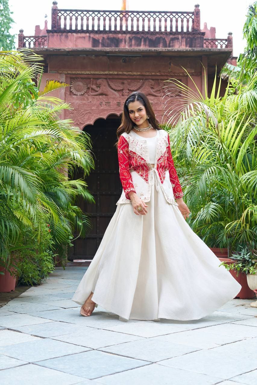 Indo Western red koti and cream plazzo set, perfect for festive and party occasions