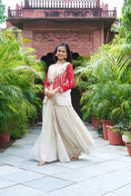Elegant red koti with cream plazo and blouse set, stitched wedding wear for women
