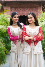 Red koti plazo suit set for women, Indo Western wedding style in luxurious design