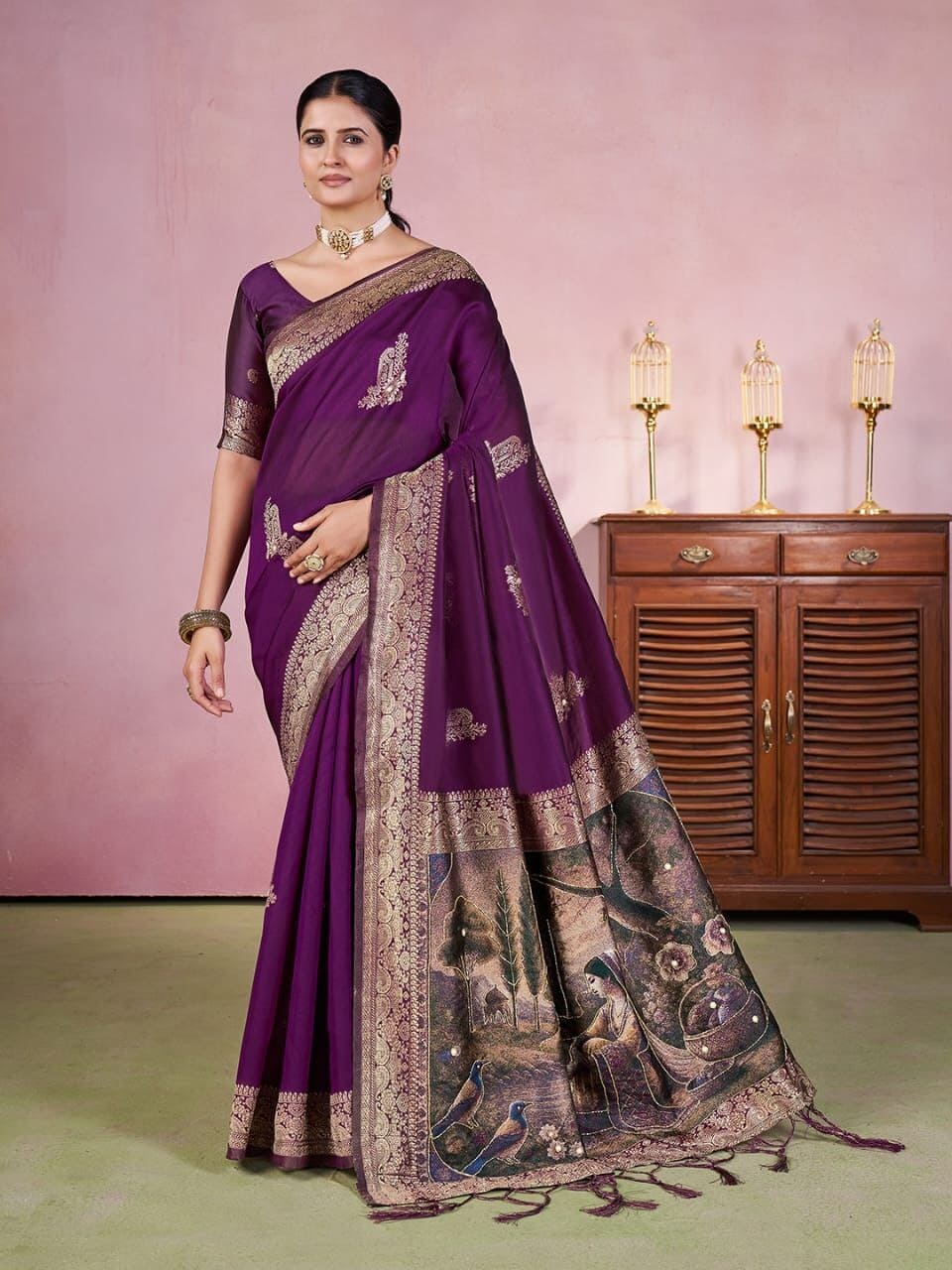 Designer wine Jacquard saree with heavy handwork, perfect for wedding and festive look