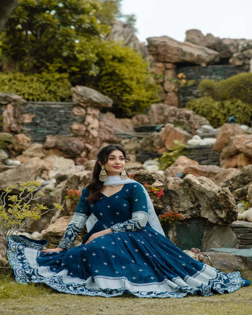 Elegant navy blue Anarkali dress set with sequin work – perfect for wedding wear