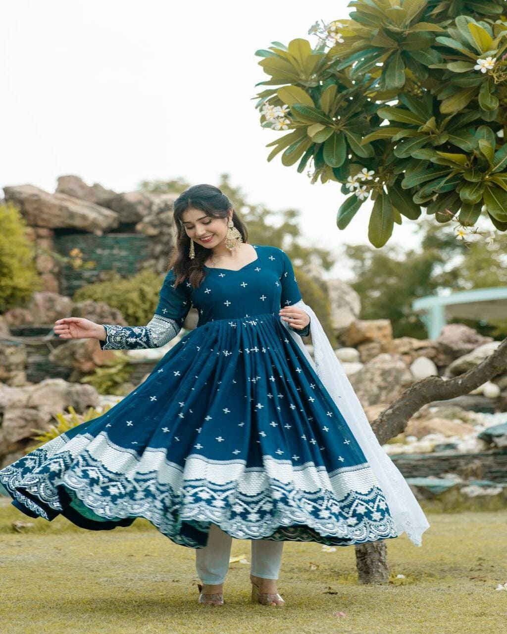 Designer navy blue Anarkali kurta set with pants and dupatta – festive ready look