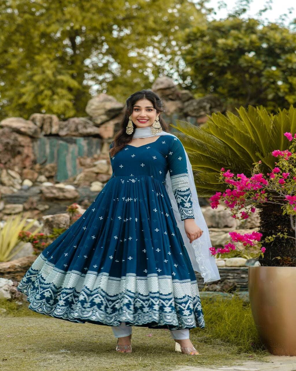 Wedding ready navy blue Anarkali suit with heavy embroidery and stylish dupatta
