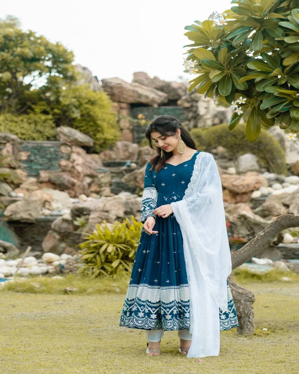 Stylish navy blue three-piece Anarkali suit – perfect ethnic wear for any function