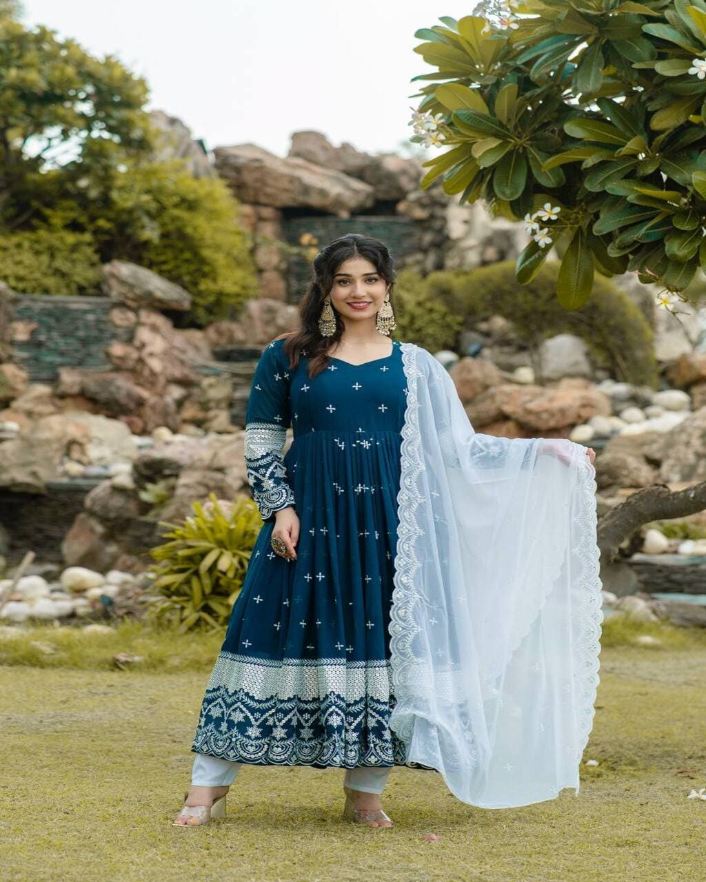 Navy blue designer Anarkali suit set with dupatta – perfect for weddings and parties