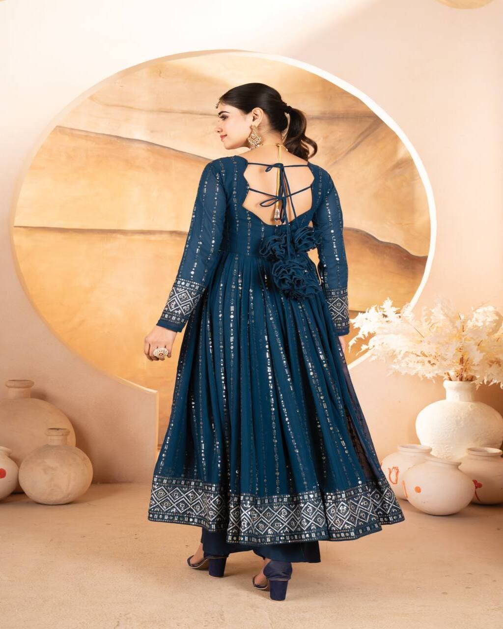 Designer blue Anarkali dress set with pants and dupatta for festive and wedding wear