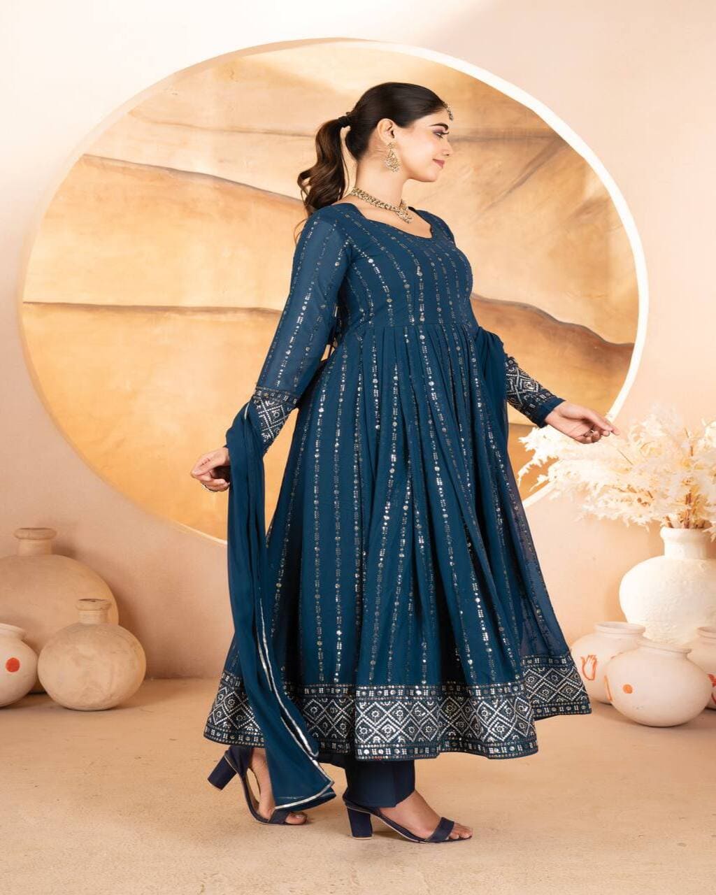 Traditional blue Anarkali suit set for women with sequin work – perfect for functions