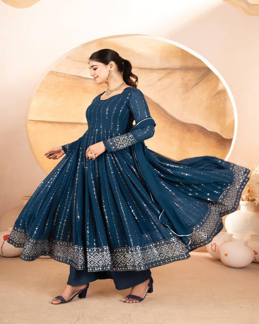 Blue Anarkali kurta set with heavy embroidery and dupatta – ideal for wedding events