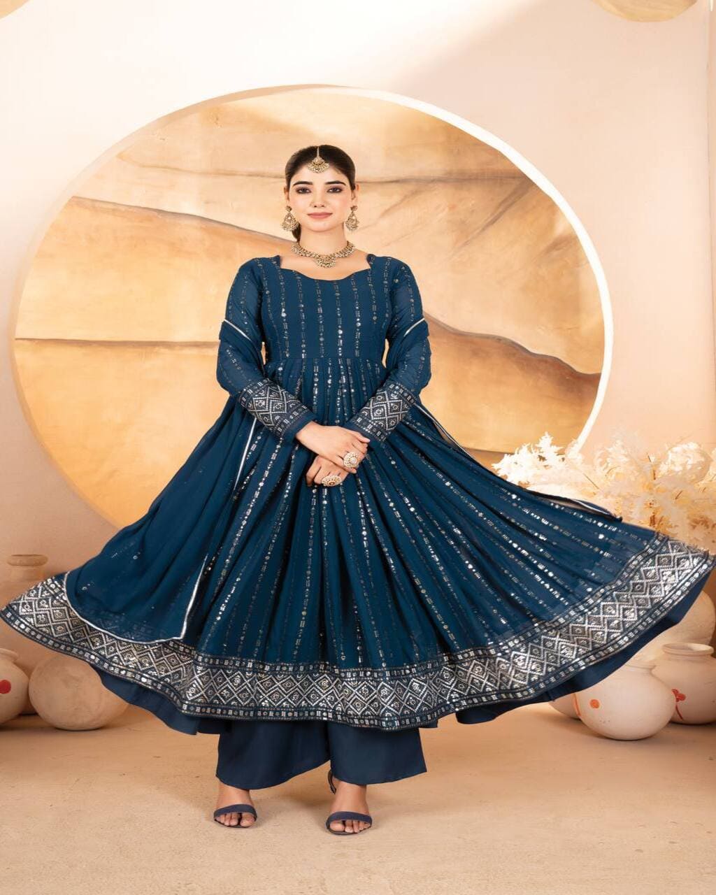 Elegant blue embroidered Anarkali suit set for women – perfect ethnic wedding outfit