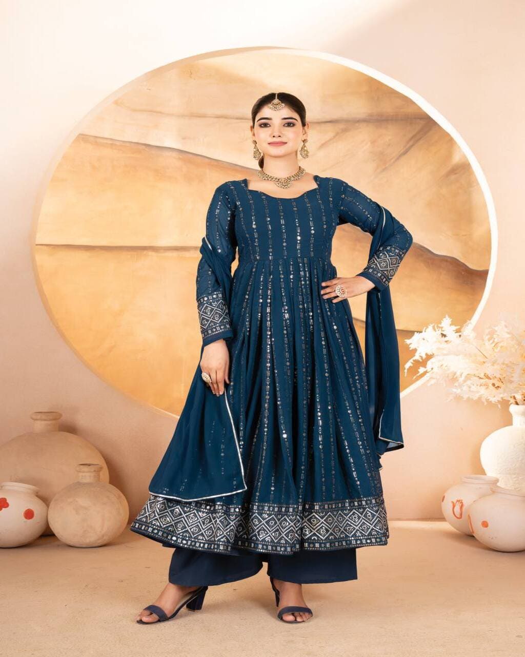 Women’s blue Anarkali suit set with detailed thread work – stylish festive wear outfit