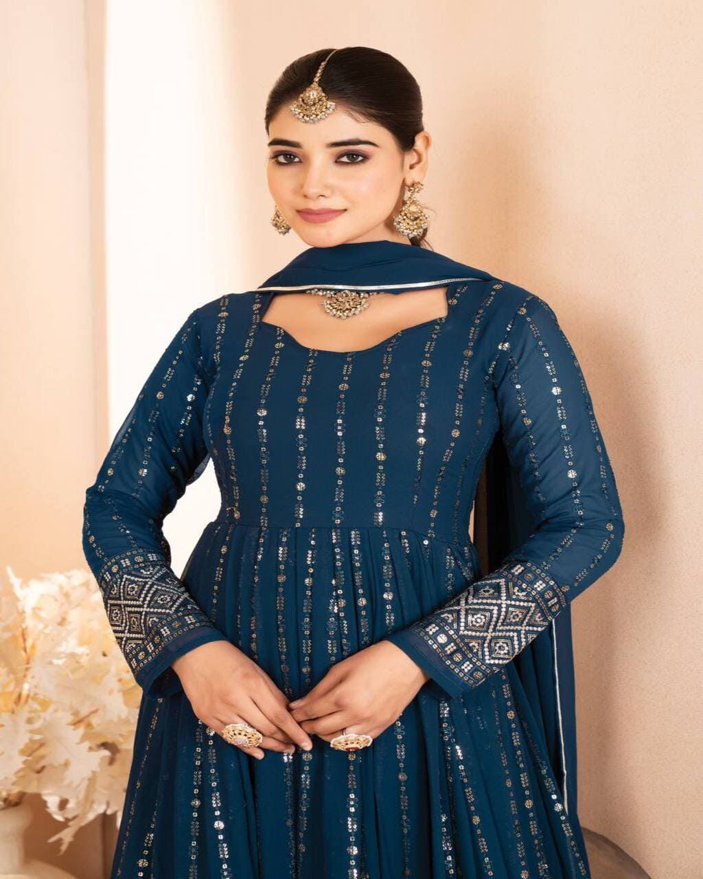 Luxurious blue designer Anarkali suit set with dupatta for wedding and party look