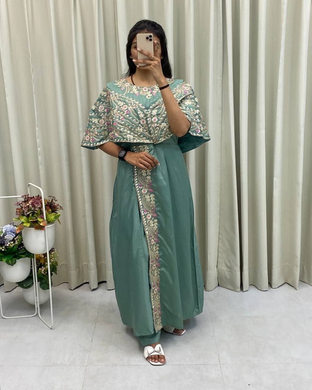 Designer green western gown with sequin work, perfect for weddings and festive occasions