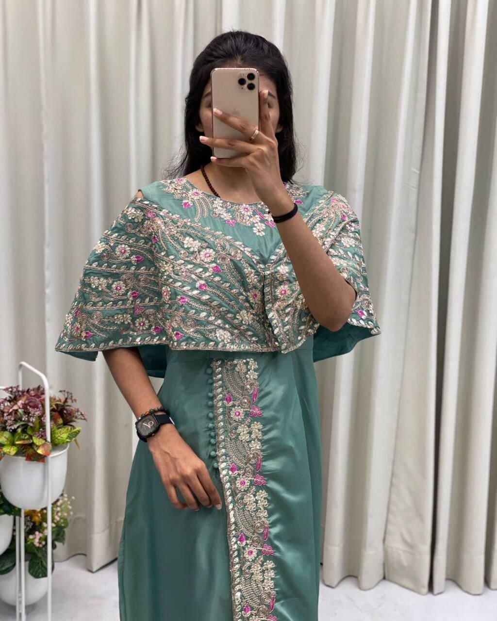 Elegant green crepe silk gown for women with foil touch, ideal for party and wedding wear
