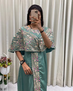 Elegant green crepe silk gown for women with foil touch, ideal for party and wedding wear