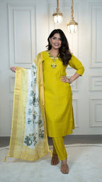 Designer Parrot Green Kurta Pant Dupatta Set in Roman Silk Festive Wear Look