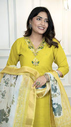 Parrot Kurta Pant Dupatta Set for Women in Roman Silk Ideal for Wedding Wear