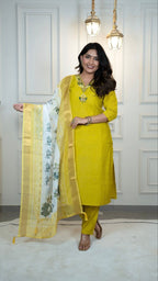 Elegant Roman Silk Parrot Green Suit Set for Women Party and Festive Ready