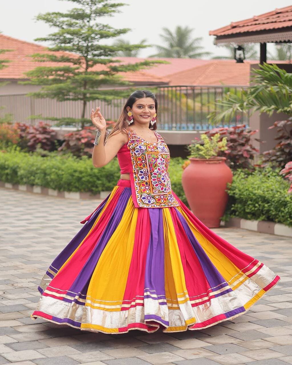 Cotton lehenga choli Navratri outfit with Gamathi embroidery and heavy ribbon lace border