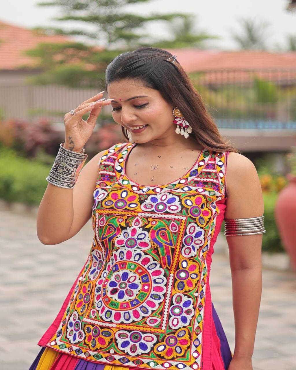 Festive pure cotton lehenga choli for Navratri with mirror work and elegant ribbon border
