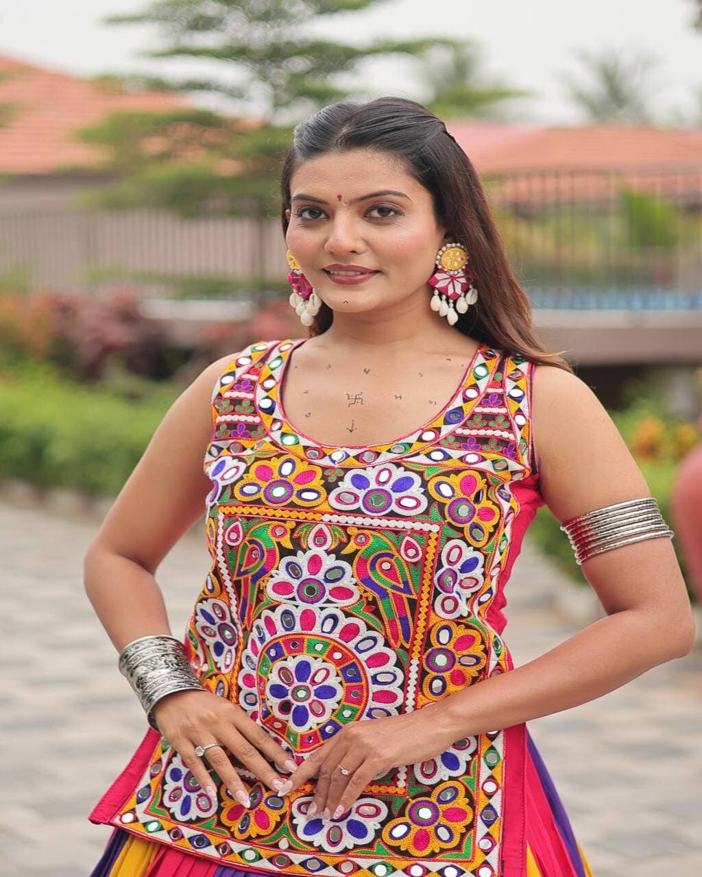Traditional cotton lehenga choli Navratri wear with heavy Gamathi embroidery and mirror work