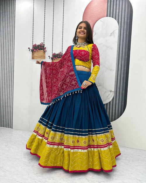 Blue Navratri Lehenga Choli with Mirror Work and Embroidery for Dandiya Nights

