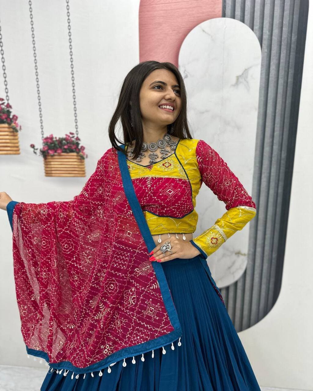 Traditional Blue Lehenga Choli for Navratri with Heavy Embroidery and Mirror Work