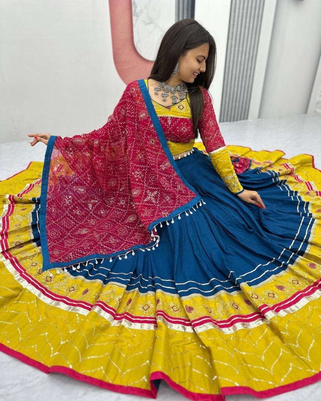 Blue Rayon Cotton Lehenga Choli for Navratri with Heavy Embroidery and Mirror Detailing