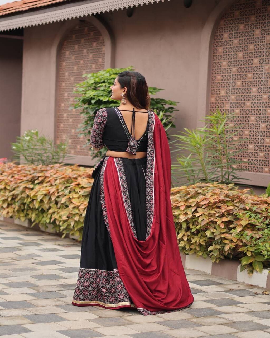 Pure Cotton Ajrakh Mirror Work Lehenga Choli in Black for Garba Night Wear