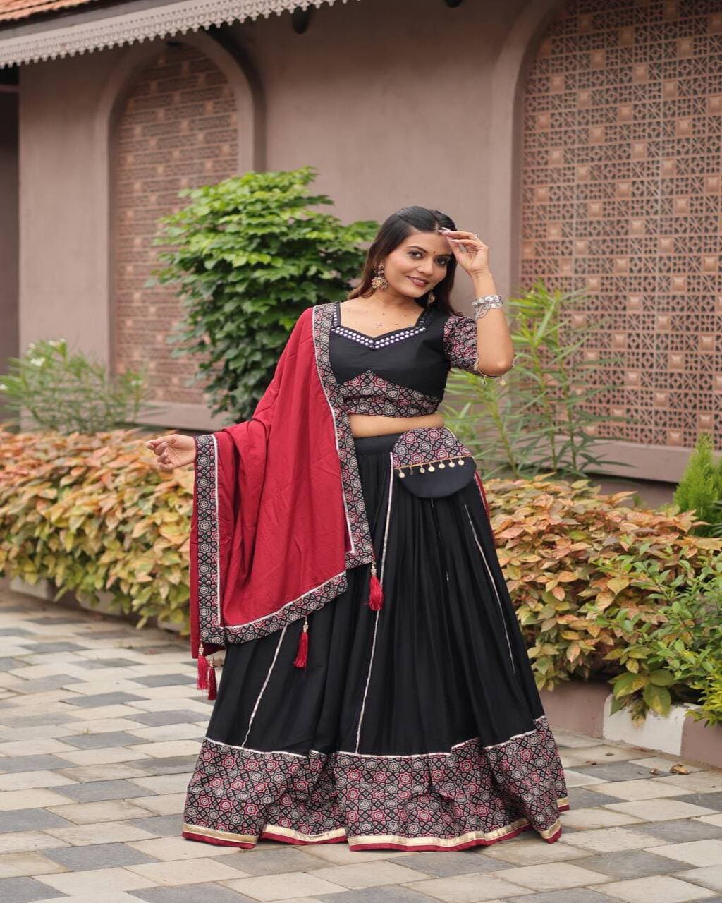 Black Ajrakh Mirror Work Cotton Lehenga Choli Set for Navratri Festival Look