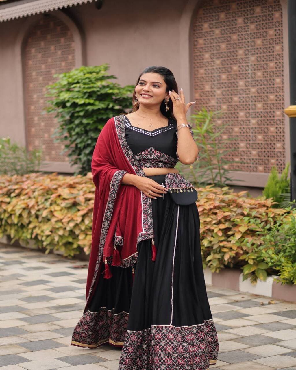 Traditional Black and Red Lehenga Choli with Ajrakh Print and Mirror Work