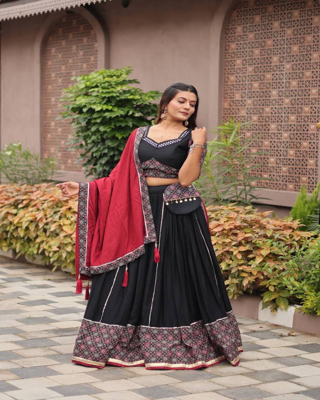 Navratri Special Cotton Lehenga Choli in Black and Red with Ajrakh Detailing