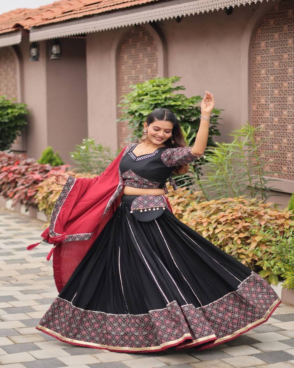 Red Dupatta with Ajrakh Lace in Traditional Black Mirror Work Lehenga Set