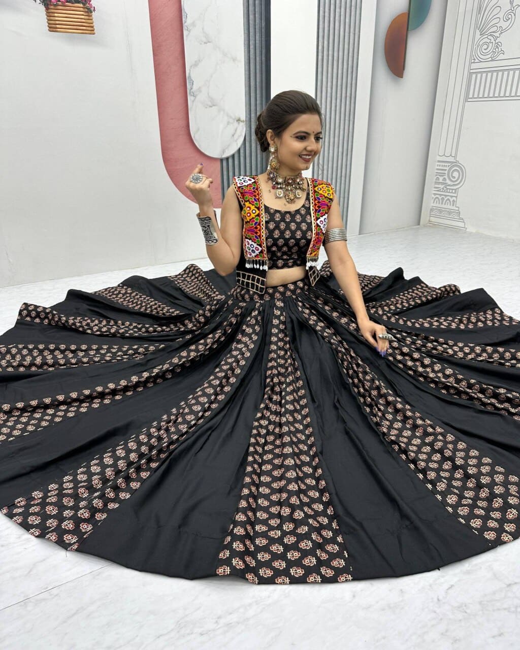 Traditional Black Cotton Lehenga Choli Set with Mirror and Thread Embroidery