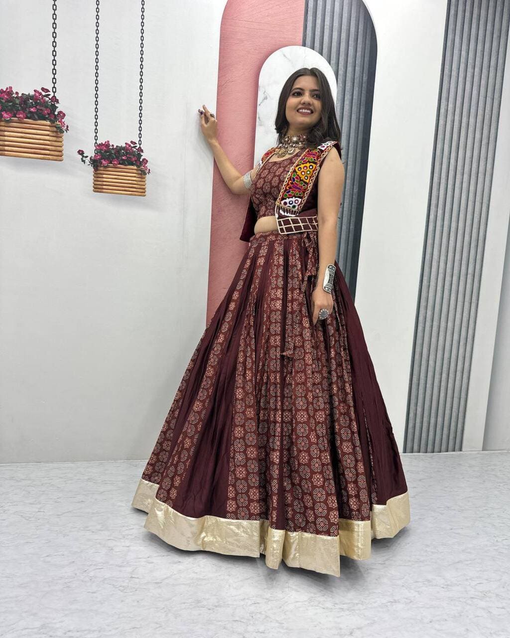 Traditional Coffee Lehenga Choli in Cotton with Jacket for Navratri and Garba Look