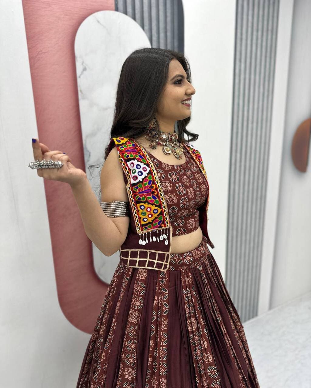 Ajrakh Coffee Cotton Lehenga Choli with Jacket for Navratri and Traditional Wear