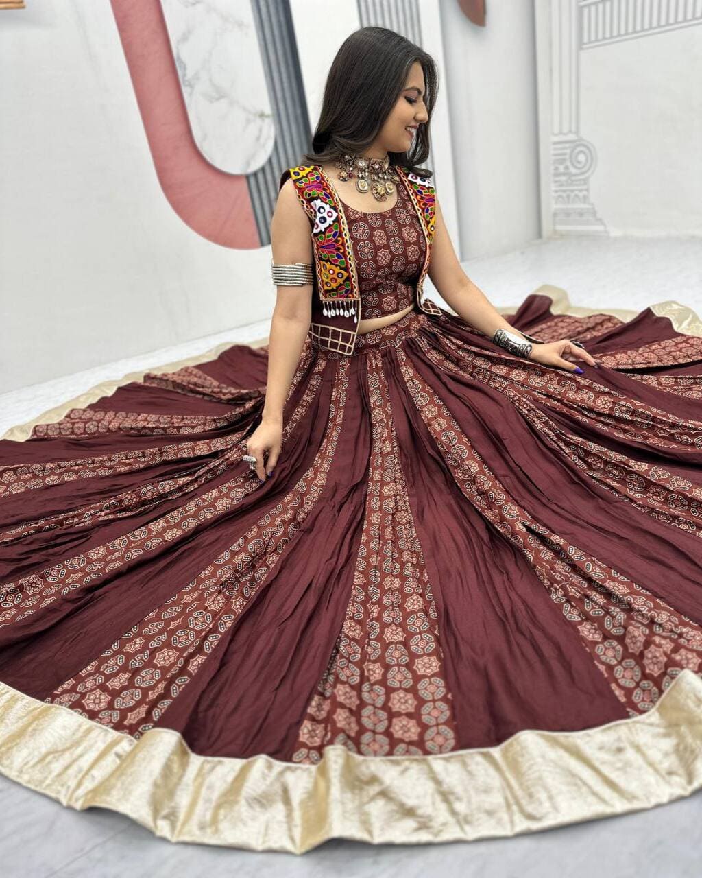 Traditional Coffee Color Cotton Lehenga Choli Set with Gamathi Work and Jacket Style