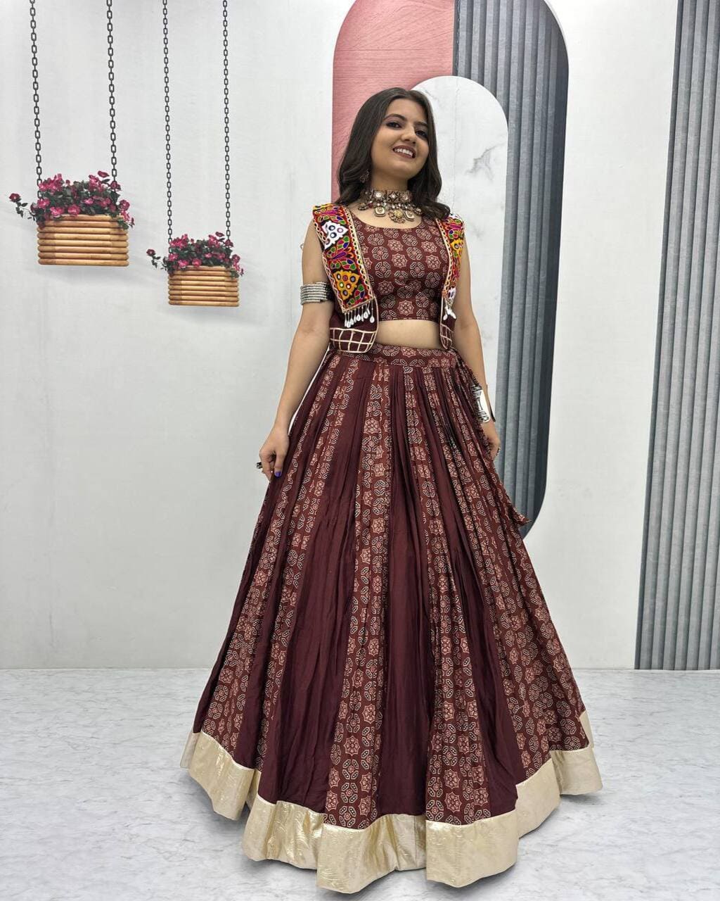 Ajrakh Coffee Cotton Lehenga Choli Set with Traditional Jacket for Navratri