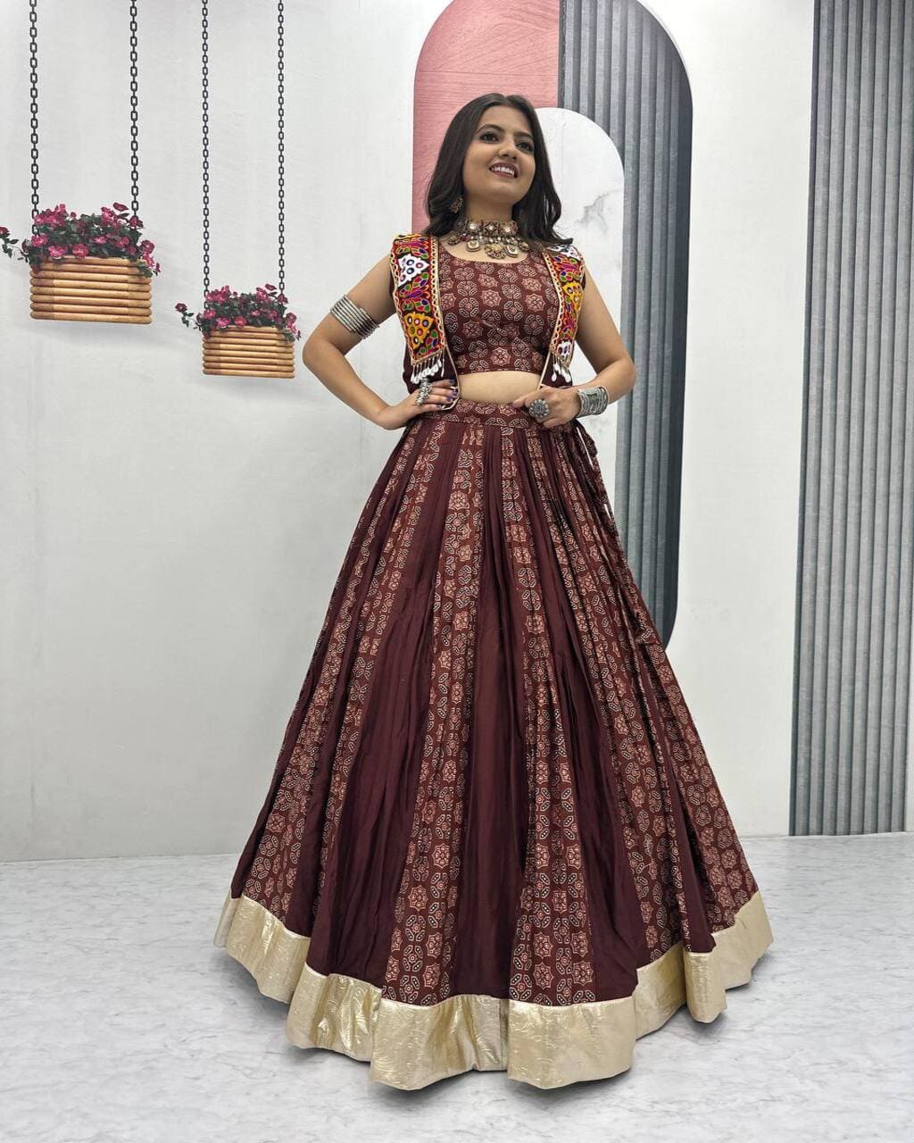Coffee Color Cotton Lehenga Choli with Ajrakh Print and Gamathi Work Jacket