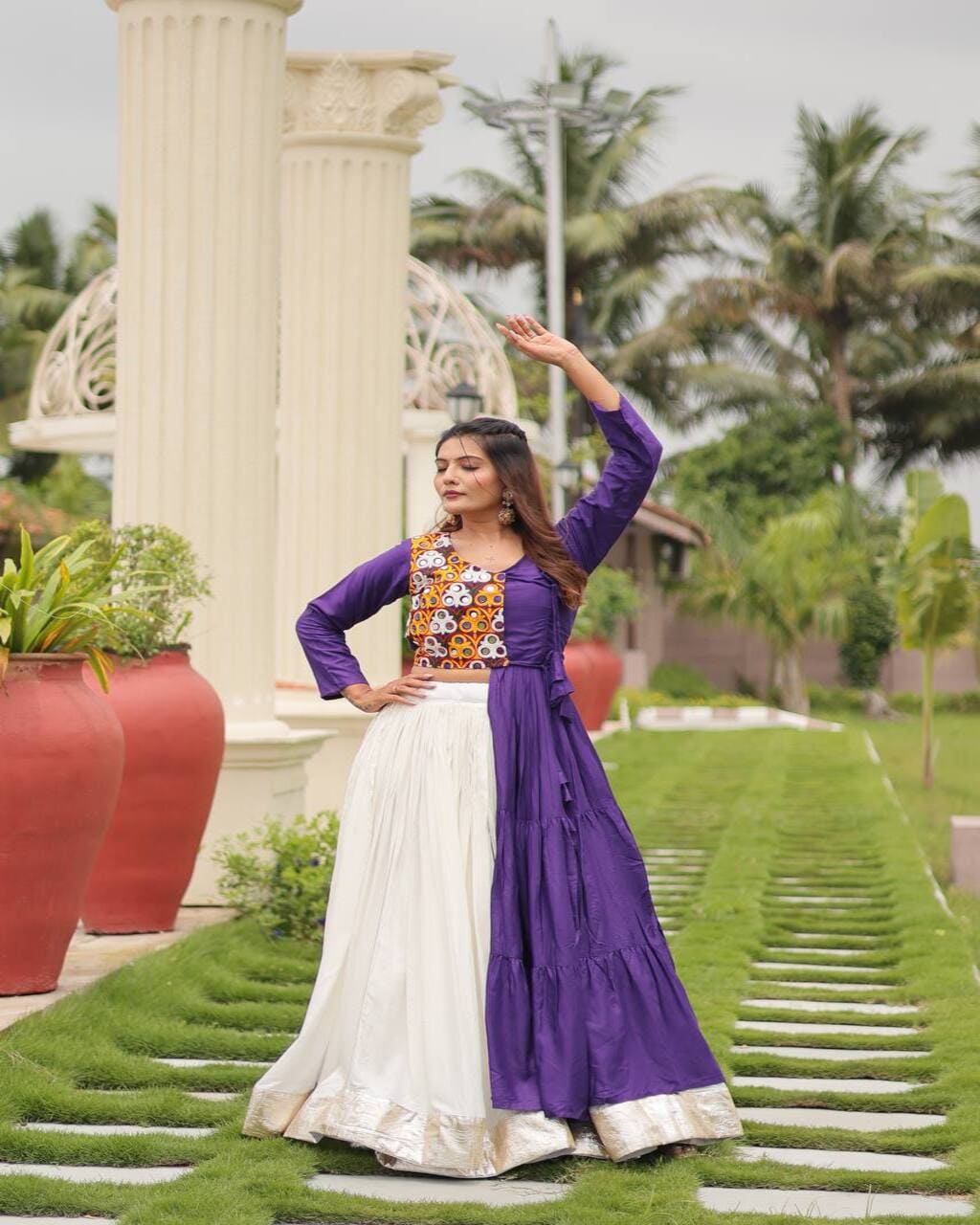 Navratri special purple cotton lehenga choli with 6-meter flair and lace border