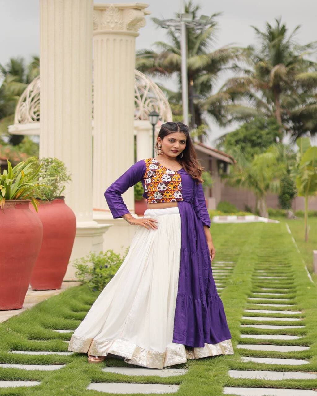 Elegant purple gamthi work lehenga choli for women, stitched and ready to wear