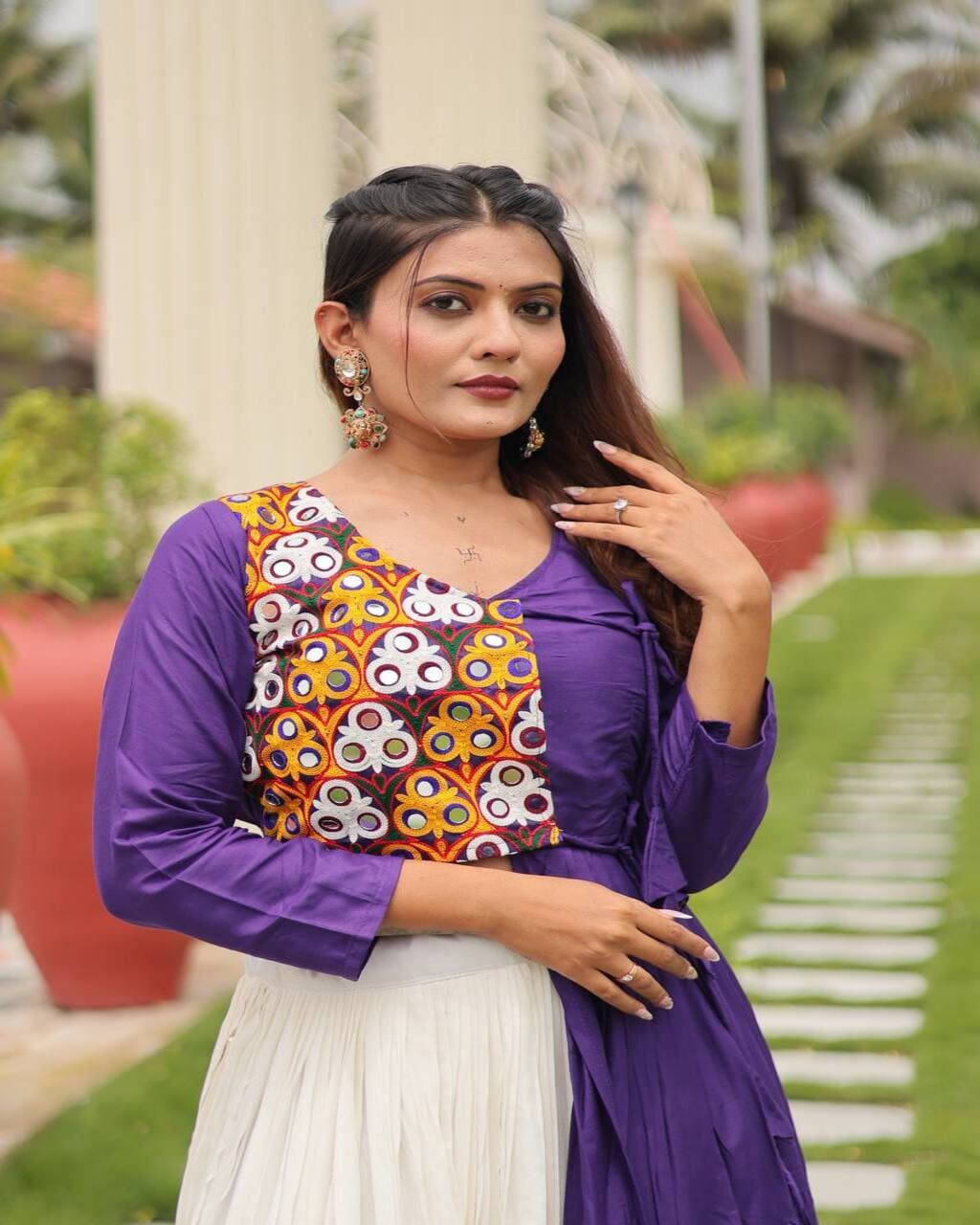 Festive purple mirror lehenga choli with cotton blouse and ribbon lace lehenga