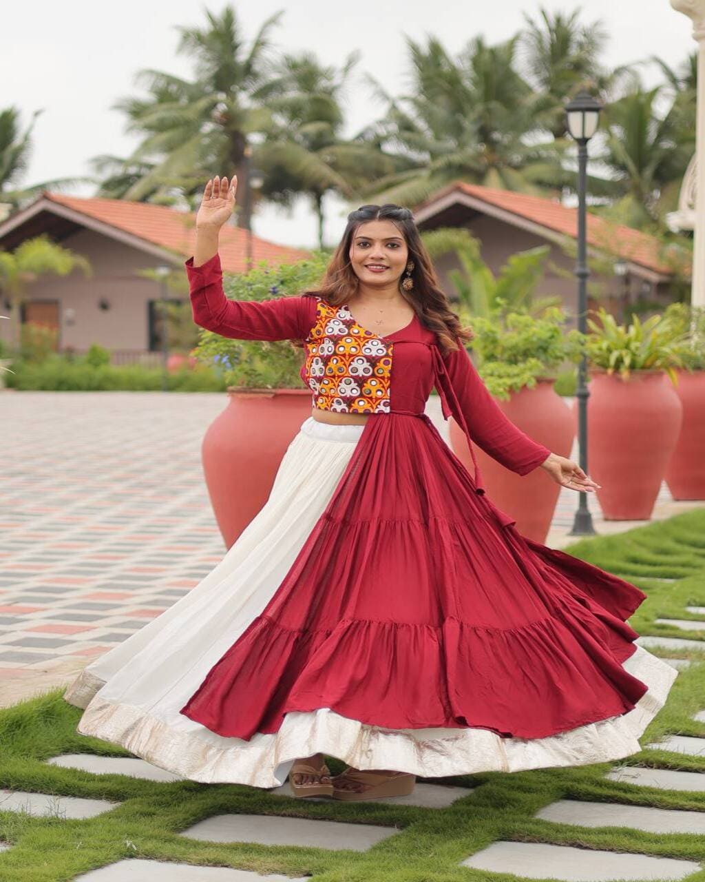 Red mirror work lehenga set for Navratri with Gamathi embroidery in cotton fabric