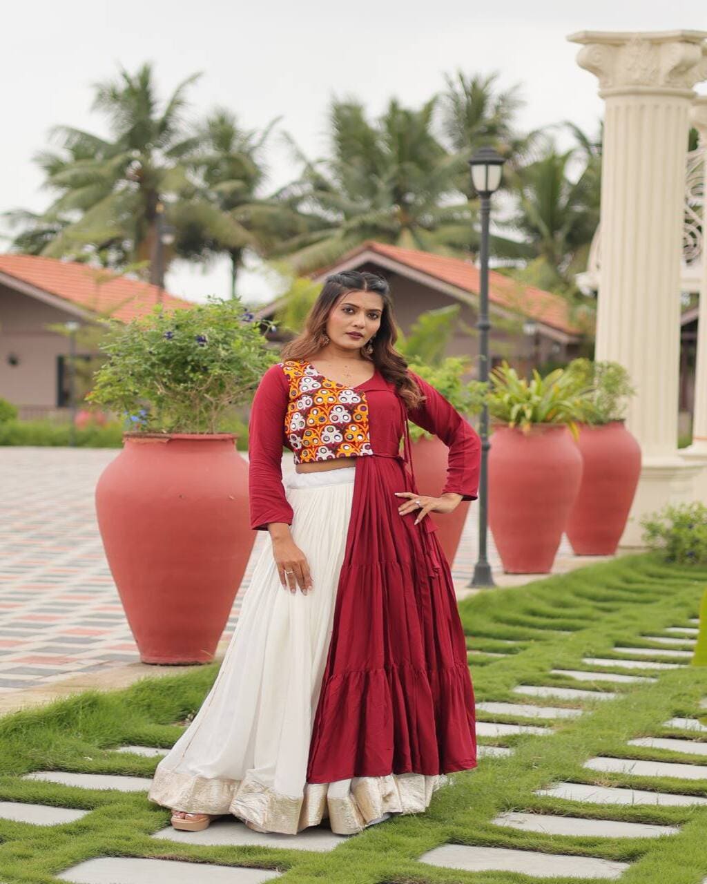Traditional red mirror lehenga choli set for women, perfect for Navratri festival