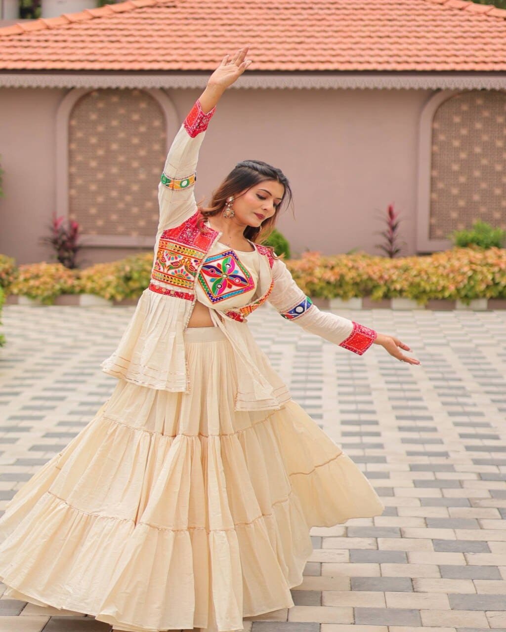 Navratri special cream cotton lehenga choli with gamthi work and mirror lace design