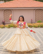 Cream gamthi work lehenga choli with cotton koti, festive Navratri traditional wear
