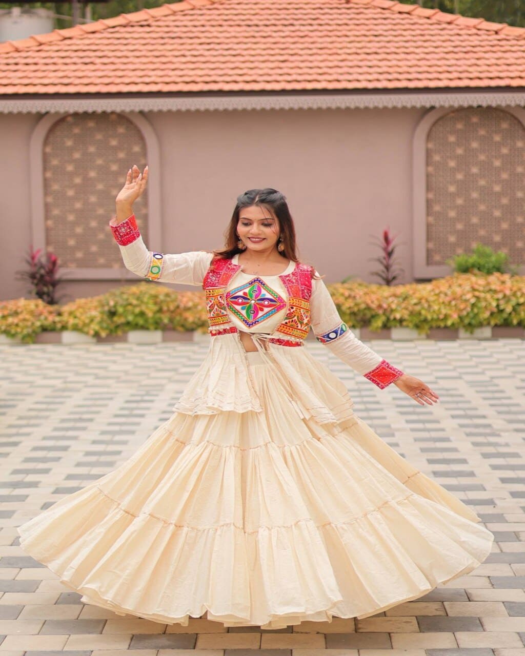 Cream gamthi work lehenga choli with cotton koti, festive Navratri traditional wear