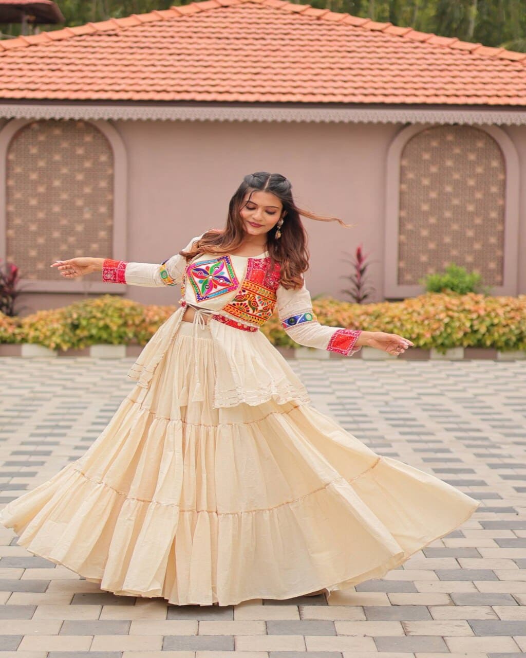 Traditional cream cotton lehenga choli with heavy gamthi work, stitched festive outfit