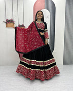 Black and red cotton lehenga choli set with mirror embroidery for Navratri festival